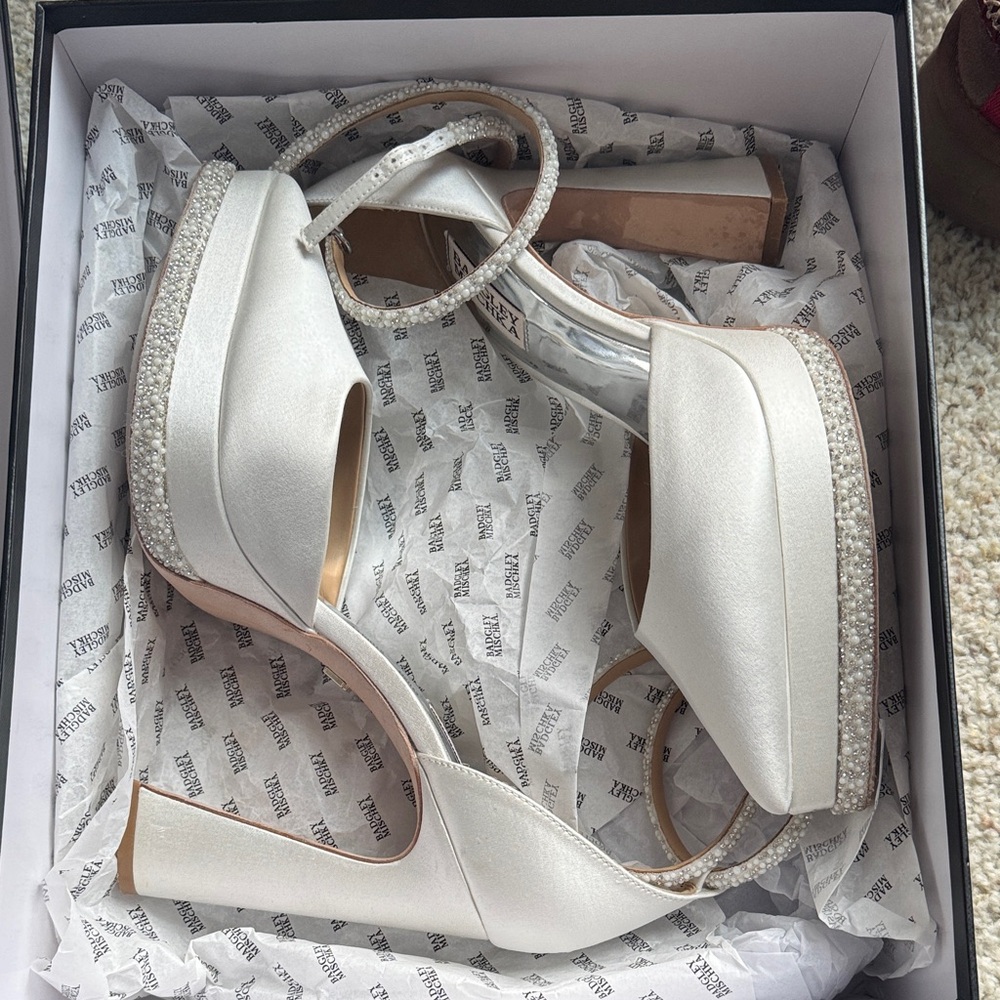 Badgley Mischka Eliana Ivory Satin Heels with Beaded platform and ankle strap